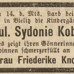 Pick Knoche F., nekrolog po przedszkolance ze wspieranej lecznicy, Der Oberschlesische Wanderer 1889, Jg 62, No. 163, s. 4