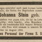 Stein Johanna, wzmianka o zgodnie - Der Oberschlesische Wanderer 1893, Jg. 66, No. 187, s. 4