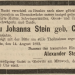 Stein Johanna, wzmianka o zgodnie - Der Oberschlesische Wanderer 1893, Jg. 66, No. 187, s. 4 (1)