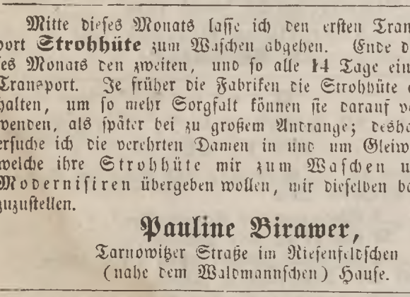 Scan der Anzeige über eine Hutsammlung zum Reinigen sowie über die Anfertigung kleinerer Reparaturen. Zeitung: Der Oberschlesische Wanderer, Jahrgang 1859 (Nr. 32), No. 6, S. 4.
